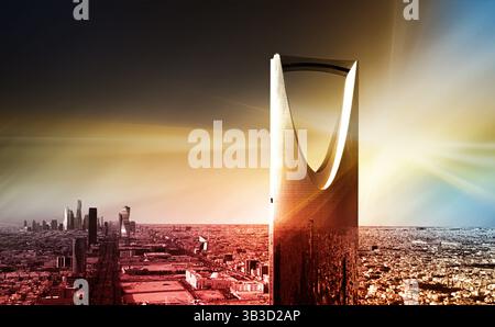 Kingdom Centre at Sunset in Riad, Saudi-Arabien .Kingdom Tower Riad Saudi-Arabien Skyline schöne Luft. Stockfoto