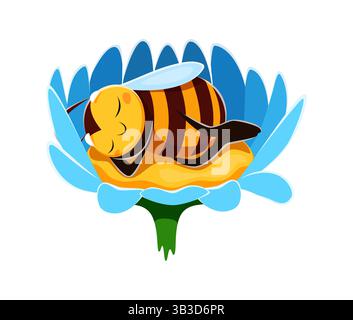 Honigbienenfigur schläft auf Blume. Karikaturvektor süße Biene friedlich auf Gartenblüte mit weichen blauen Blütenblättern schlafen. Bezaubernde Ruhe und Entspannung Stock Vektor