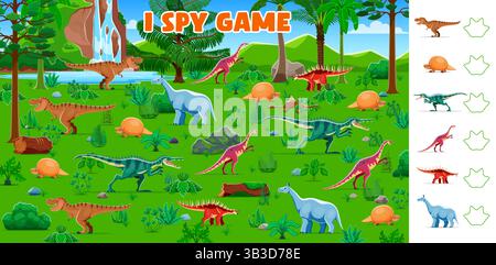 Ich spioniere Spiel mit prähistorischen Dinosauriern für Kinder Puzzle Arbeitsblatt, Vektorvorlage. Ich spioniere ein Quiz aus, um dasselbe Bild von jurassischen Dinosauriern zu finden Stock Vektor