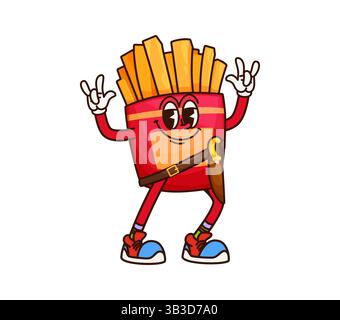 Cartoon groovige French Fire Fast-Food-Piraten und Korsair-Charakter. Vektorkapitän mit einem Säbel blinkenden Felszeichen. Lustige Filibuster Fastfood Retro y Stock Vektor