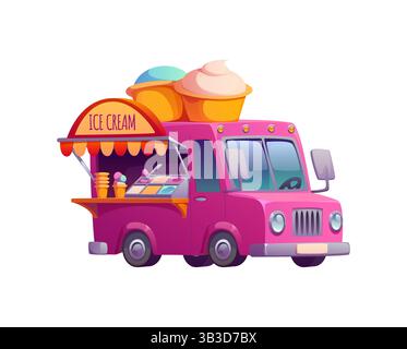 Cartoon Eiskrem Food Truck Auto, Festival Street Food Truck Van. Vektor lustige rosa Gelateria mit riesigen Kegeln und cremigen Wirbeln oben. Retro-Fahrzeug Stock Vektor