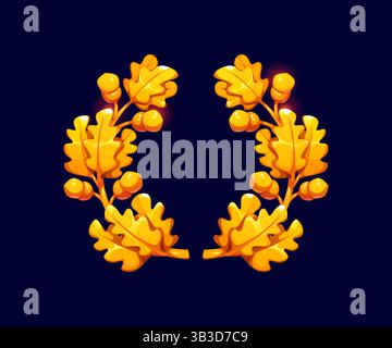 Cartoon Eichenkranz mit goldenen Zweigen, Blättern und Eicheln. Vektorspiel-Asset-Abzeichen für Gewinnerpreis, Ehrenpreis oder Trophäe. Champion-Medaille und Zertifikat Stock Vektor