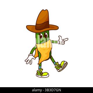 Grooviger Gurke Cowboy oder Wild West Bandit Charakter, Vektor-Comic Gemüse. Lustige Gurke Western Cowboy oder Texas Sheriff in Sombrero Hut mit Re Stock Vektor