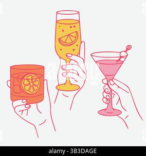 Illustration von drei Händen, die verschiedene Cocktails in bunten Gläsern mit Zitrusgarnituren und Eiswürfeln halten, für Sommer- oder Partymotive. Stock Vektor