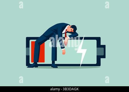 Der erschöpfte Burnout-Geschäftsmann hat sich auf die rote Farbe gelegt. Lebenskonzept des Mitarbeiters Stockfoto