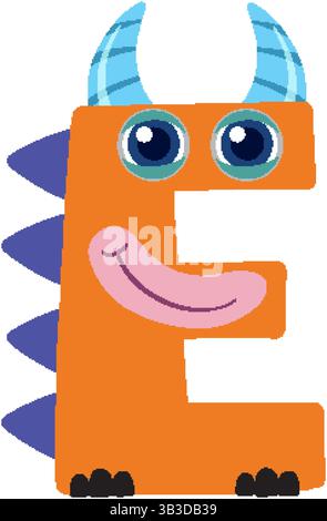 Farbenfrohe Vektor-Illustration eines Monsterthemas Buchstaben E mit Hörnern und Spitzen, ideal für pädagogische Materialien für Kinder Stock Vektor