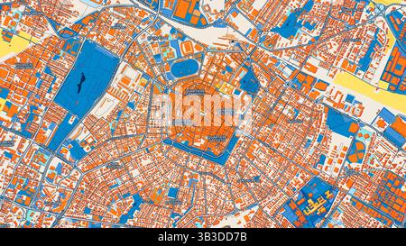 Farbenfrohe Modena Kunstkarte mit Etiketten und Gebäuden mit vielen Details für städtische Straßen, Wege und Flecken. Stockfoto