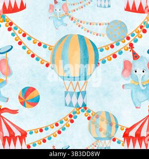 Aquarellmuster handgezeichnete Zirkusillustration mit Elefanten, Ballons und farbenfroher Dekoration auf blauem Hintergrund. Für Schreibwaren Stockfoto