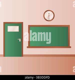 Innenraum des leeren Raums mit Tafel, Tür und Wanduhr Vektor. Zurück zur Schule. Arbeitsraum. Stock Vektor