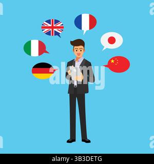 Geschäftsmann, der viele verschiedene Sprachen spricht. Abbildung des Konzepts mehrsprachiger Übersetzer. Vektorabbildung Stock Vektor