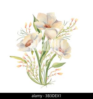 Florale Illustration von cremigen Anemonen auf Stämmen und weichen kleinen Wildblumen isoliert. Weiße wilde Rosen und Blätter, die für die Hochzeit handgezeichnet wurden Stockfoto