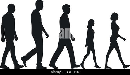 Silhouetten verschiedener Männer und Frauen beim Gehen – minimalistische urbane Vektorgrafik in der Profilansicht Stock Vektor