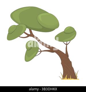 Savannenbaum mit dicken grünen Vordächern und verdrehtem 2D-Zeichentrickobjekt Stock Vektor