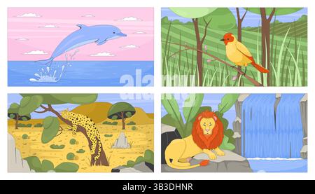 Wildtiere in natürlichen Lebensräumen flache Illustrationen Set Stock Vektor