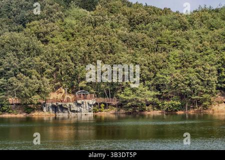 Cheongyang-Gun, Südkorea, 2. Oktober 2020: Statut des Golddrachen als Teil der Promenade um den Cheongyang See, Asien Stockfoto