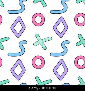 Nahtloses Muster mit farbenfrohen abstrakten geometrischen Kritzelformen, einschließlich Ringen, Kreuzen, Rauten und Kurven auf weißem Hintergrund. Stock Vektor