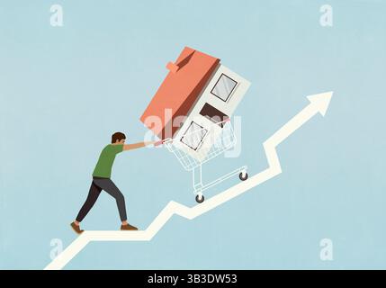 Mann schiebt Haus in Warenkorb aufsteigenden Pfeil Stockfoto