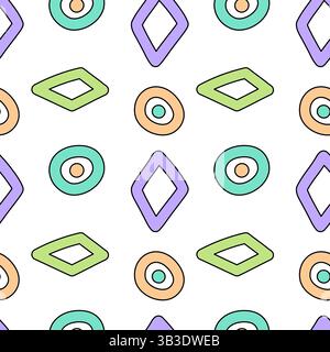 Abstraktes nahtloses Muster mit bunten Rauten, Punkten und Kreisen, verspieltes und modernes geometrisches Design auf weißem Hintergrund. Perfekt für Stock Vektor