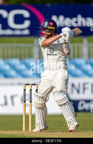 Ryan Higgins schlug für Middlesex in einem County Championship-Spiel zwischen Derbyshire und Middlesex. Stockfoto