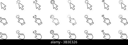 Symbolsatz für Cursor und Zeigerlinie. Klicken Sie mit der Hand und mit dem Mauszeiger, um die Symbolsammlung zu umreißen. Bearbeitbare Kontur. Isolierte Vektordarstellung Stock Vektor