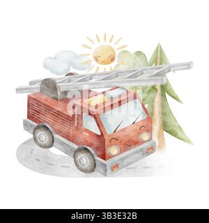 Aquarellillustration Feuerwehrauto, Stadtverkehr, Straße, Bäume, Sonne, Wolken. Kinderkomposition gezeichnet Hand im Cartoon-Stil auf isoliert Stockfoto