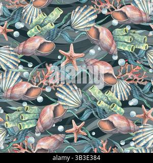 Muscheln, Algen, Seesterne, Korallen, Schwämme und Kieselsteine, Blasen. Marine, nautische Aquarellillustration der Unterwasserwelt handgezeichnet Stockfoto
