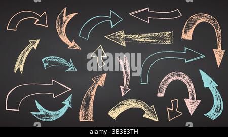 Setzen Sie die von Hand gezeichneten Pastellpfeile in verschiedene Richtungen auf die schwarze Kreide, Pinselzeichnung bold Elements Collection Doodle Thick geometrisch Stock Vektor