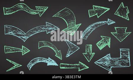 Setzen Sie die von Hand gezeichneten Pastellpfeile in verschiedene Richtungen auf die schwarze Kreide, Pinselzeichnung bold Elements Collection Doodle Thick geometrisch Stock Vektor