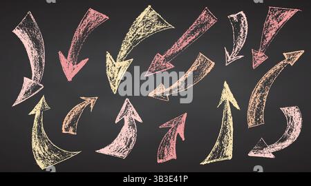 Setzen Sie die von Hand gezeichneten Pastellpfeile in verschiedene Richtungen auf die schwarze Kreide, Pinselzeichnung bold Elements Collection Doodle Thick geometrisch Stock Vektor
