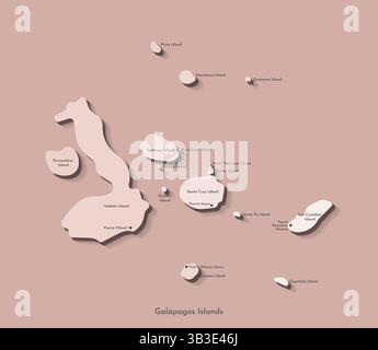 Vereinfachtes Illustrationssymbol mit beigefarbener Gradientensilhouette der Karte der Galapagos-Inseln (Teil von Ecuador). Namen der Insel und der wichtigsten Städte. Br Stock Vektor
