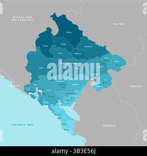 Moderne Vektor-Illustration. Vereinfachte Verwaltungskarte Montenegros. Grenze zu den nächstgelegenen staaten Serbien, Kroatien usw. Blauer Hintergrund von Adriat Stock Vektor