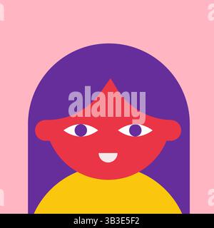 Flache Vektor-Illustration mit Profil der Frau oder des Mädchens mit glatten Haaren, rundem Kopf und weißem schönen Lächeln. Helle Farben in minimalistischem Konzept, Stock Vektor