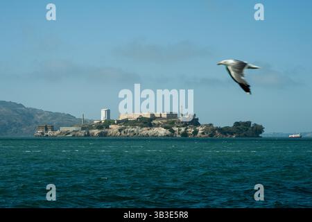 Wahrzeichen der Insel Alcatraz, Ort des verlassenen ehemaligen Bundesgefängnisses in der Bucht von San Francisco, Nordkalifornien. Stockfoto