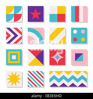 Flache Vektorillustration mit quadratischen abstrakten Kompositionen mit geometrischen Figuren als Symbol für dynamische Strömung. Helle Kontrastelemente. Minimalistisch Stock Vektor