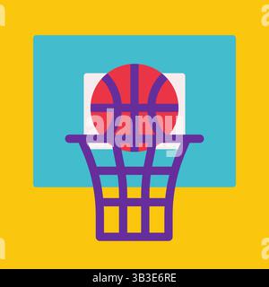Flaches Vektor-Konzept mit dem Werfen von Basketball in den Korb mit Rückwand auf gelbem Hintergrund. Quadratische Komposition ist wie ein Symbol für die Gestaltung von Anzeigen in der Welt ch Stock Vektor