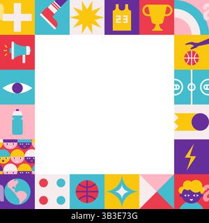 Vektor-flacher quadratischer Rahmen für Poster mit abstrakten Symbolen, die Zeichen für Basketball-Weltmeisterschaft oder -Cup sind. Im Jahr 2026 trendige Vorlage mit Kopie Spa Stock Vektor