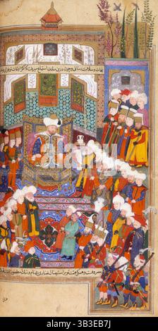 Timurs Gesandter liest einen Brief an Bayezid, 1599. Bayezid thront, umgeben vom osmanischen Hof. Von „Revzet US-safa“ von Ali ibn Mehmed ut-Tustari. Stockfoto