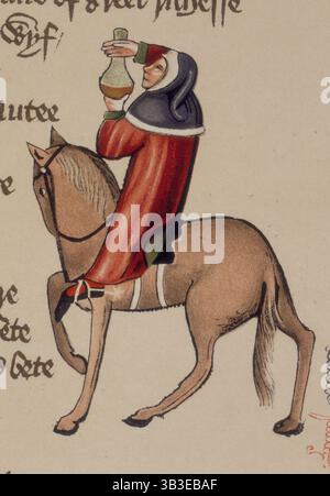 Der Arzt zu Pferd und mit einem Gefäß, 1911. Aus einem 1911 erstellten Faksimile von The Ellesmere Chaucer, einem Manuskript der Canterbury Tales aus dem frühen 15. Jahrhundert, das von Chaucer um 1387 geschrieben wurde. Stockfoto