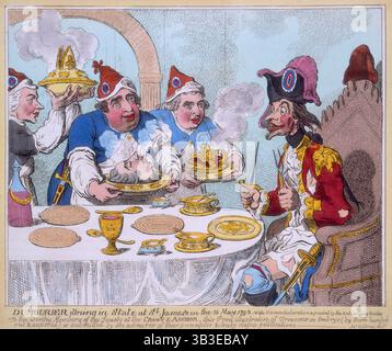 Dumourier Dining in State at St. James's am 15. Mai 1793. "Ich sehe seine eigene Erklärung, wie sie von den Anti-Nivelliergesellschaften gedruckt wurde. Den würdigen Mitgliedern der Gesellschaft am Kronenanker &amp; wird dieser Druck, der Verrat im Embryo veranschaulicht (von ihnen gejagt &amp; ausgesetzt), von einem Bewunderer ihrer Prinzipien &amp; wirklich klasige Veröffentlichungen vorgelegt. Jas. Gillray delt.“ Drei Köche kommen vor, tragen Hauben mit dreifarbigen Cockaden, Schürzen und Überärmeln. Charles James Fox steht für den dampfenden Kopf von Pitt; Sheridan, rechts, hält ein Gericht mit einer gebrochenen königlichen Krone; Priestley e Stockfoto