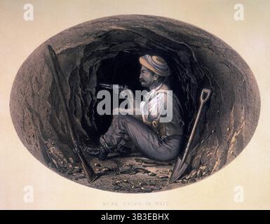 "Liegen in Warten", 1858. Ein Mann mit einer Pistole, der auf dem Boden sitzt, in einem Tunnel. Neben ihm liegt eine weitere Pistole auf dem Boden, und ein Gewehr und eine Schaufel liegen an den Wänden. Aus Sketches and Incidents of the Belagerung of Lucknow, from drawings made during the Belagerung, von George Couper. Stockfoto