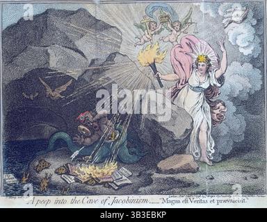 "Ein Blick in die Höhle des Jakobinismus", 1798. "Magna EST Veritas et praevalebit" (die Wahrheit ist mächtig und wird sich durchsetzen). Britannia, die den Gürtel der Wahrheit trägt, feuert flammende Bolzen auf ein Monster, das die Französische Revolution repräsentiert. Über ihren schwebenden Cherubs, die ein Kreuz, eine Krone und die Waage der Gerechtigkeit halten. Das Monster schreckt vor Angst zurück und lässt die lächelnde Maske fallen. Flammen umhüllen seine Lesematerialien mit Titeln wie „Anarchie“ und „Atheismus“. Frösche fliehen in den dunklen Fluss. Frontispiece aus "The Anti-Jacobin Review". Stockfoto