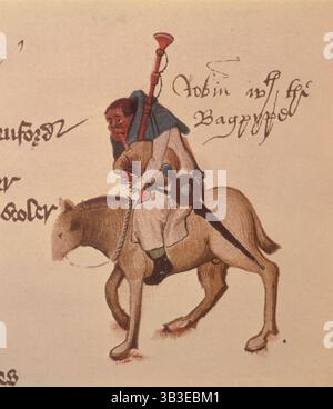 Der rote Gesichtsmiller, der Dudelsack spielt, 1911. Aus einem 1911 erstellten Faksimile von The Ellesmere Chaucer, einem Manuskript der Canterbury Tales aus dem frühen 15. Jahrhundert, das von Chaucer um 1387 geschrieben wurde. Stockfoto