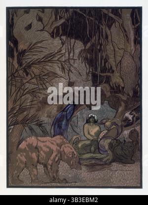 Mowgli, Baloo und andere Tiere; Szene aus dem Dschungelbuch, 1919. Aus einer französischen Übersetzung des Dschungelbuches von Rudyard Kipling. Stockfoto