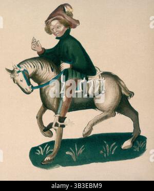The Yeoman, 1911. Aus einem 1911 erstellten Faksimile von The Ellesmere Chaucer, einem Manuskript der Canterbury Tales aus dem frühen 15. Jahrhundert, das von Chaucer um 1387 geschrieben wurde. Stockfoto