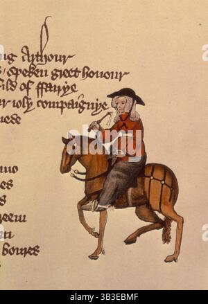 Die Frau von Bath, 1911. Aus einem 1911 erstellten Faksimile von The Ellesmere Chaucer, einem Manuskript der Canterbury Tales aus dem frühen 15. Jahrhundert, das von Chaucer um 1387 geschrieben wurde. Stockfoto