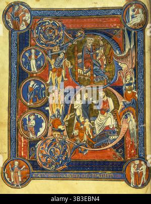 König David spielt Harfe und das Gericht Salomos, um 1260. Psalm 1; Beatus Initial. David mit seiner Harfe und Salomo, die die Mutter des Kindes sein sollte, behaupten beide, sie sei ihre, während ein Schwertkämpfer sich darauf vorbereitet, das Kind in zwei Hälften zu schneiden. Sieben Medaillons zeigen: Schöpfung des Firmaments; Schöpfung der Erde und des Wassers; Schöpfung der Bäume; Schöpfung der Sonne und des Mondes; Schöpfung der Tiere; Schöpfung Adams; Verführung von Adam und Eva mit der Schlange. Andere Szenen zeigen Engelkämpfe und Männer im Kampf auf Löwen und Drachen. Vom Rutland Psalter. Stockfoto