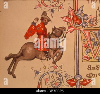 Der Händler, 1911. Aus einem 1911 erstellten Faksimile von The Ellesmere Chaucer, einem Manuskript der Canterbury Tales aus dem frühen 15. Jahrhundert, das von Chaucer um 1387 geschrieben wurde. Stockfoto