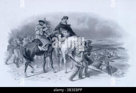 Präsident George Washington überquert den Delaware, Dezember 1776, (1856-c1859). Washington, auf dem weißen Pferd, am Ufer des Delaware River. Seine Truppen sind hinter ihm in Booten zu sehen, die mit Pferden und Kanonen beladen sind. Im Vordergrund stehen indianische Späher. Am 25. Dezember 1776 überquerte Präsident George Washington den eisverstopften Delaware River, begleitet von einer kleinen Armee von 2500 Soldaten. Seine Mission war es, einen Überraschungsangriff auf die Briten zu starten, die die Stadt Trenton auf der anderen Seite des Flusses besetzten. Die Schlacht von Trenton war ein entscheidendes Ereignis in der amerikanischen Niederlage gegen den br Stockfoto
