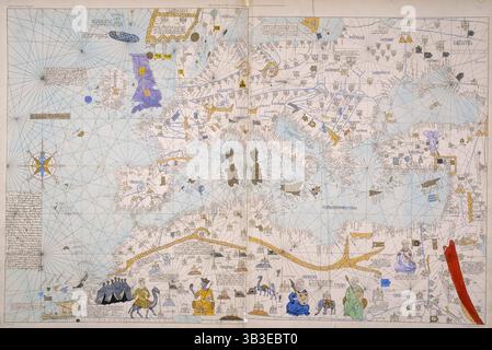 Karte von Europa, Nordafrika und dem Mittelmeer, C1842-c1853. Aus dem atlas der Visconde von Santarem. Santarems Ziel war es, in feiner lithographischer Reproduktion die bedeutendsten frühen Karten und Karten zu veröffentlichen, die in europäischen Bibliotheken und Archiven zu finden sind. Das Original dieser katalanischen Portolan-Karte wurde wahrscheinlich im 14. Jahrhundert hergestellt. Stockfoto