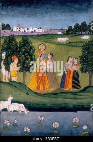 Fürst und Prinzessin, begleitet von männlichen und weiblichen Dienern, (18. Jahrhundert?). Der Prinz mit blauer Haut repräsentiert vielleicht den Gott Krishna. Stockfoto